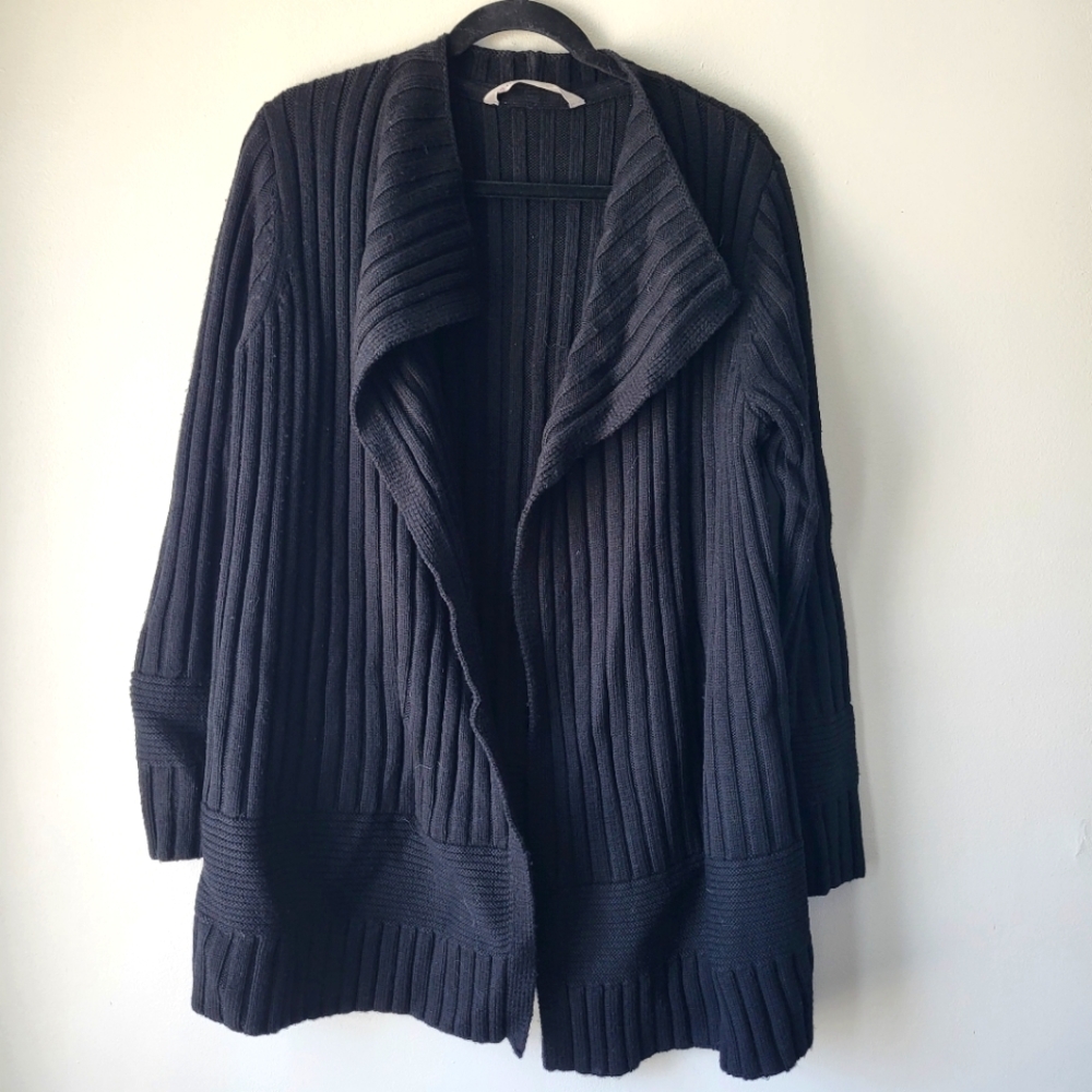 Athleta Merino Wool Blend Black Ribbed Long Open Duster Cardigan Sweater Sz L